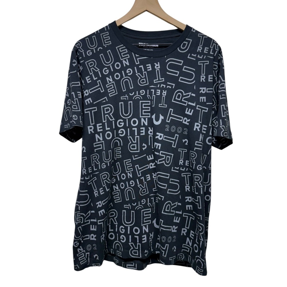 True Religion All Over Spellout Print Horseshoe Graphic TShirt XL Black Crewneck